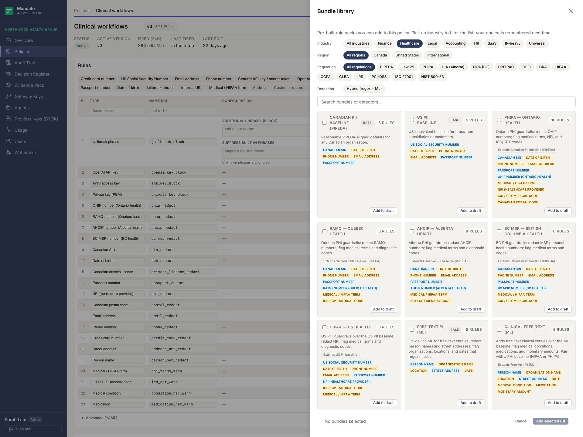 The Bundle library drawer open over Northwood Health Group's Policy Workbench, filtered to Healthcare. Filter rows for industry, region, regulation, and detection type sit above a search field. The nine matching bundles show as cards in a grid: the 'Canadian PII (PIPEDA)' and 'US PII baseline' base packs, the provincial health packs for Ontario (PHIPA), Québec (RAMQ), Alberta (AHCIP), and British Columbia (BC MSP), a US HIPAA pack, and two on-device-ML packs, 'Free-text PII (ML)' and 'Clinical free-text (ML)'. Each card shows its rule count, a one-line summary, the detectors it includes as chips (Canadian SIN, date of birth, OHIP number, medical / HIPAA term, ICD / CPT code, and more), an 'Extends' line where it builds on a base pack, and an 'Add to draft' action.